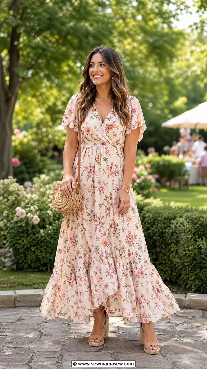 Floral Maxi Dress with Wedge Sandals - 35 Summer family reunion outfits