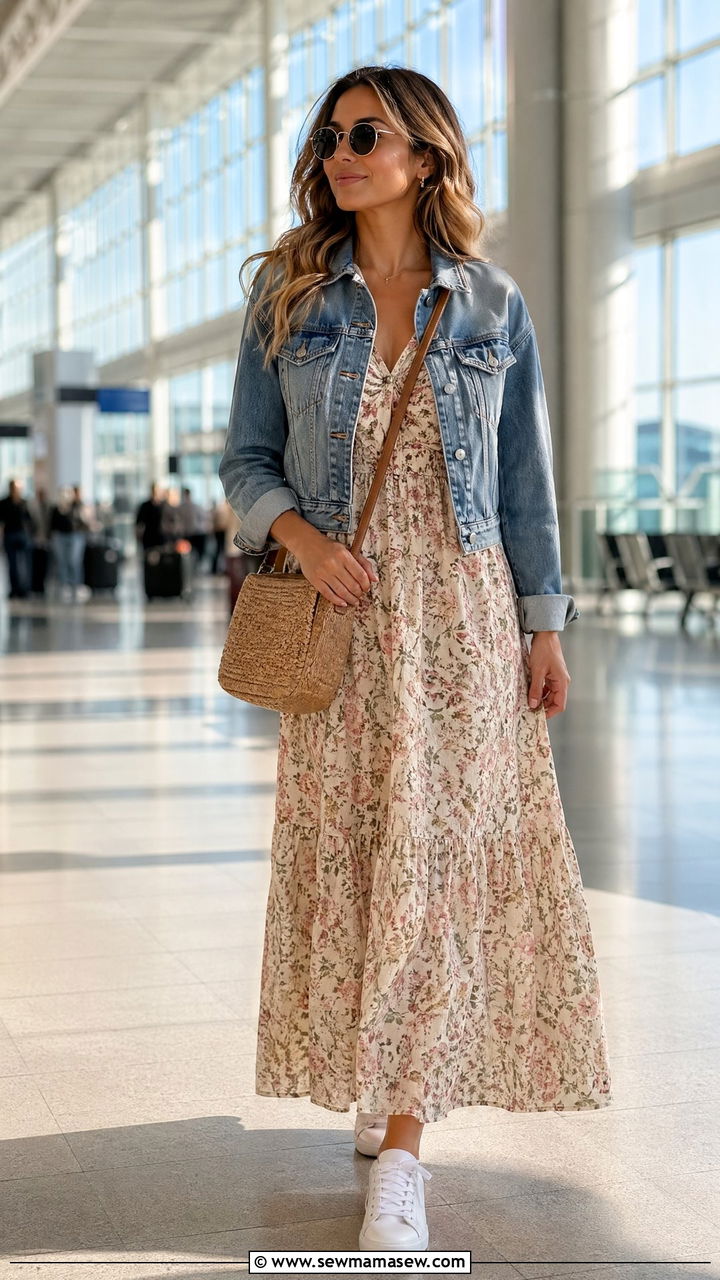 Floral Maxi Dress with White Trainers - 40 airport outfits ideas
