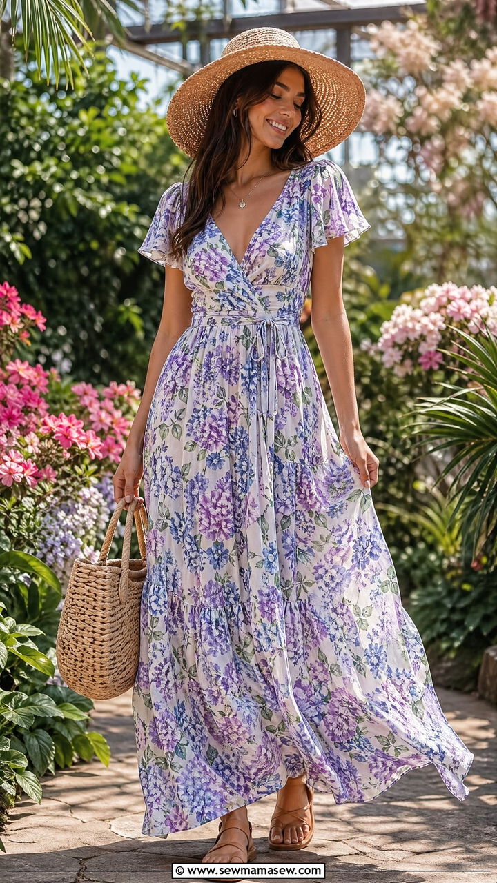 Floral Maxi Dress with a Wide Brim Hat - 35 Summer outfits for young women
