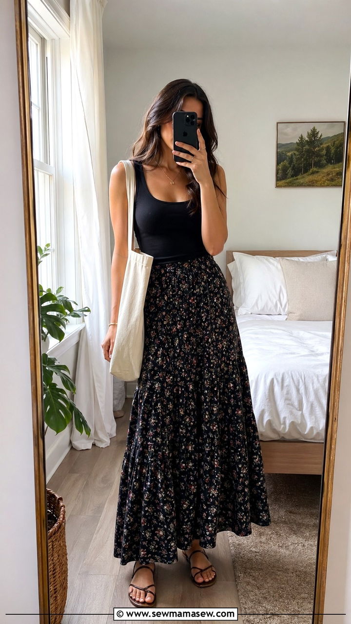 Floral Maxi Skirt With Fitted Tank Top - 30 spring maxi skirt outfit ideas