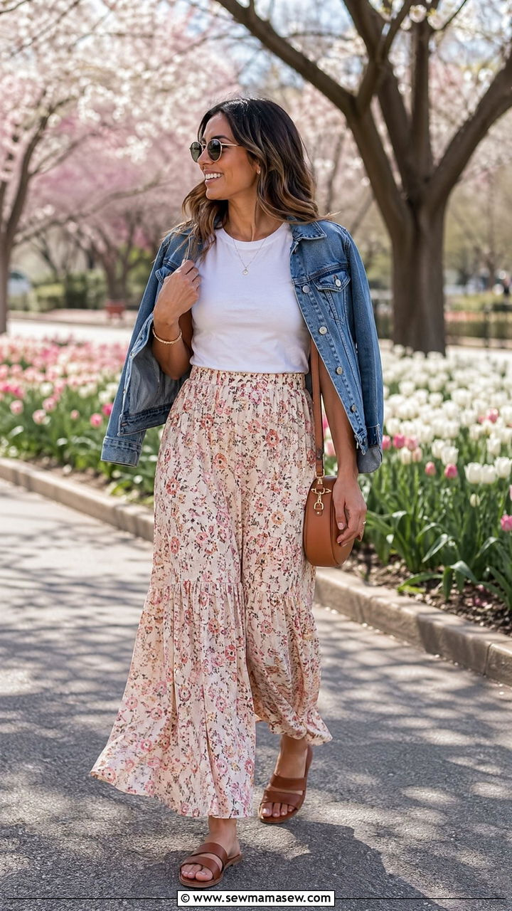 Floral Maxi Skirt With Fitted Tee - 35 spring comfortable outfit ideas