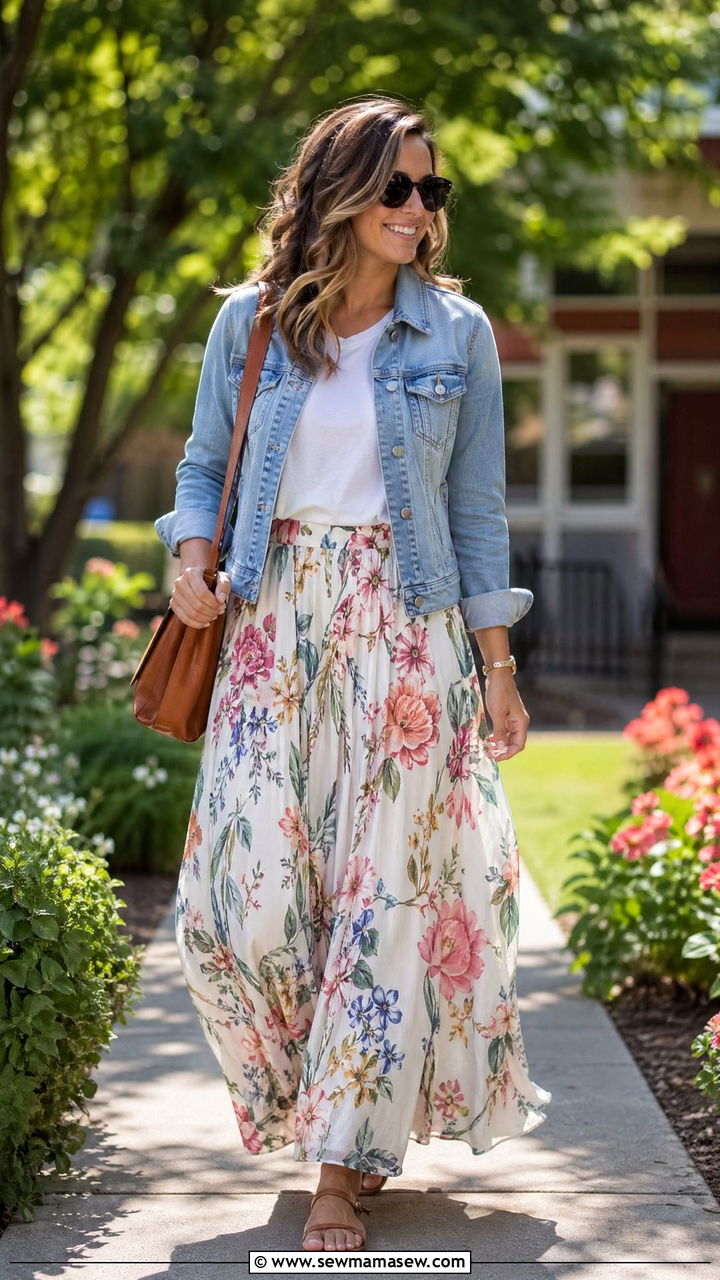 Floral Maxi Skirt With White T Shirt and Denim Jacket - 35 teacher outfits for women
