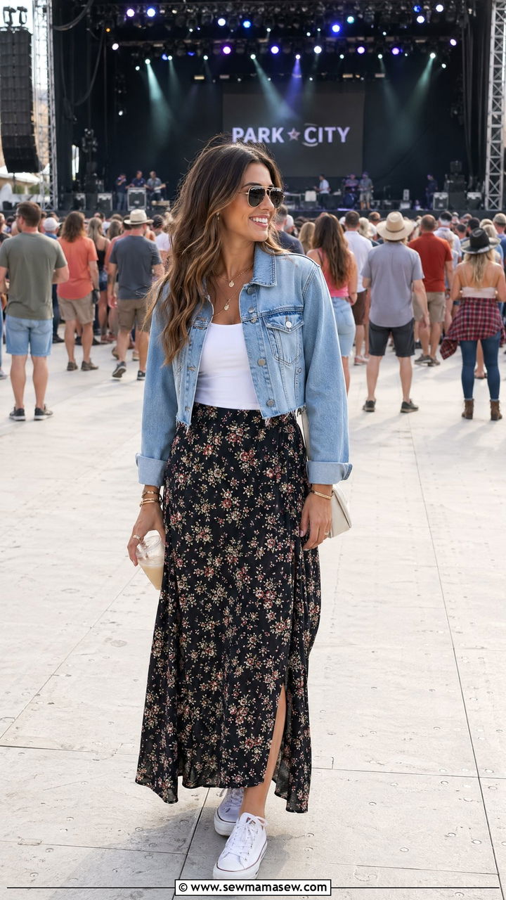 Floral Maxi Skirt with Denim Jacket - 35 Summer outfits with skirts