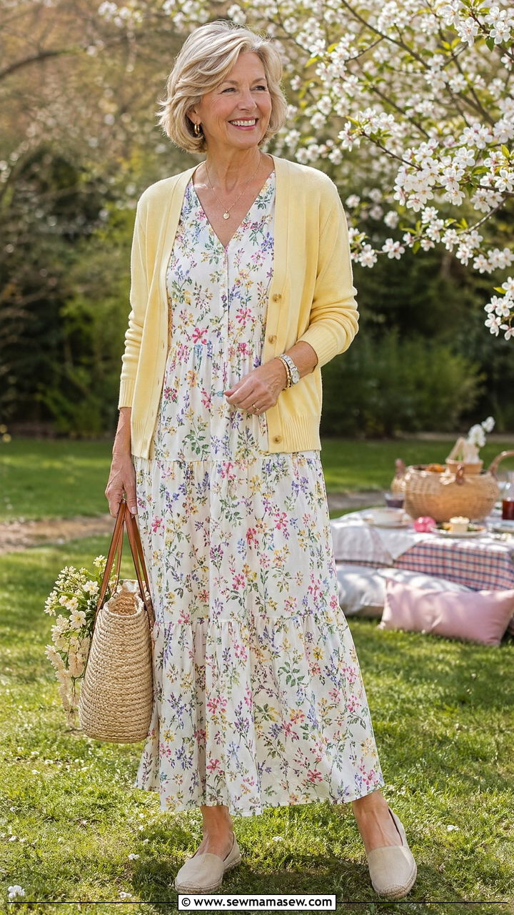 Floral Maxi With Lightweight Cardigan - 35 Spring outfits for women over 60