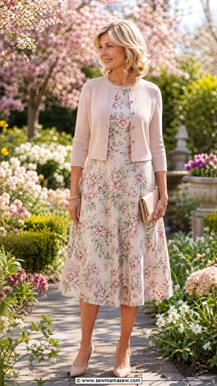 Floral Midi A Line Dress with a Cropped Cardigan - 35 Classy outfits for mature women