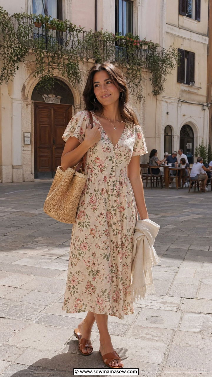 Floral Midi Dress And Flat Sandals Italy Spring Outfit - 35 Spring Italy outfit ideas