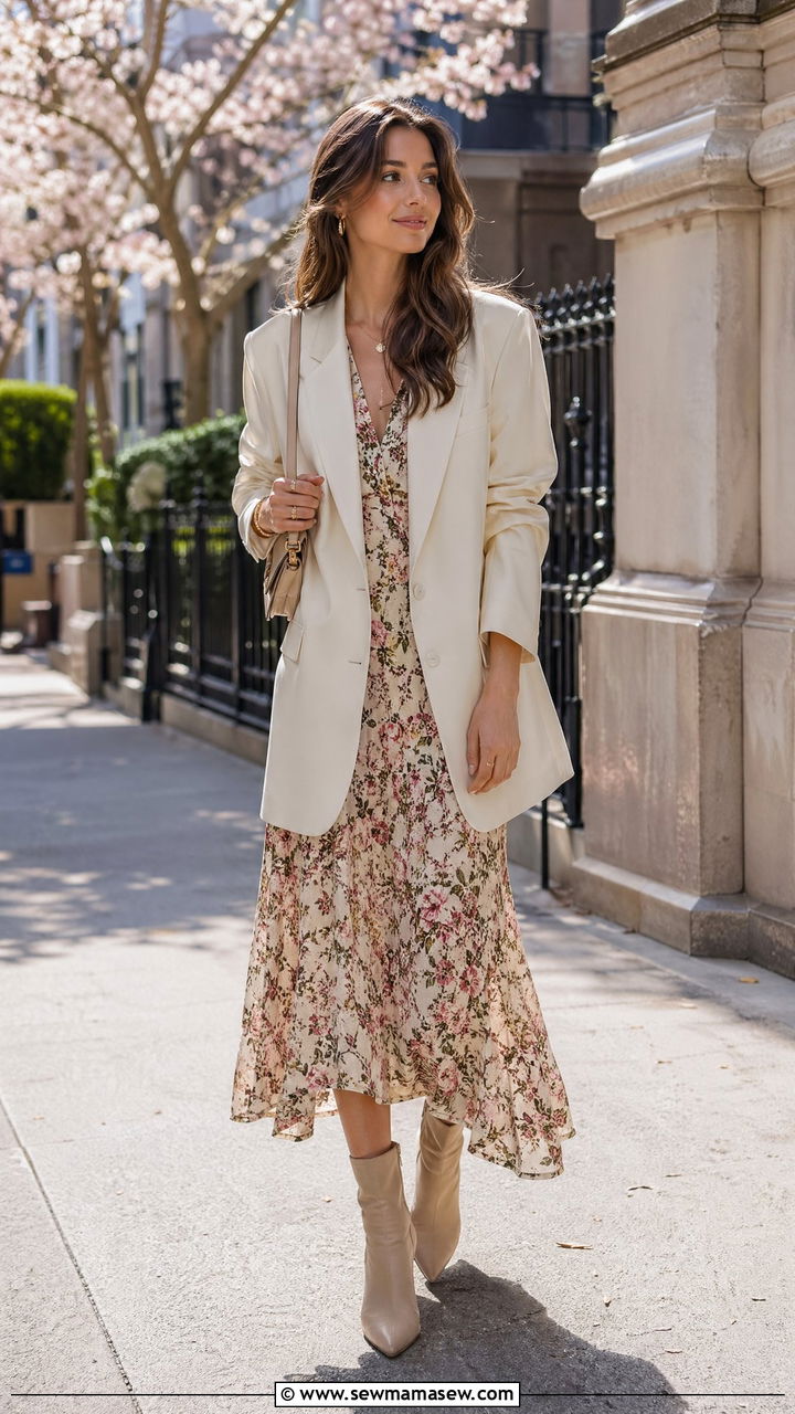Floral Midi Dress And Oversized Blazer - 35 spring floral outfit ideas