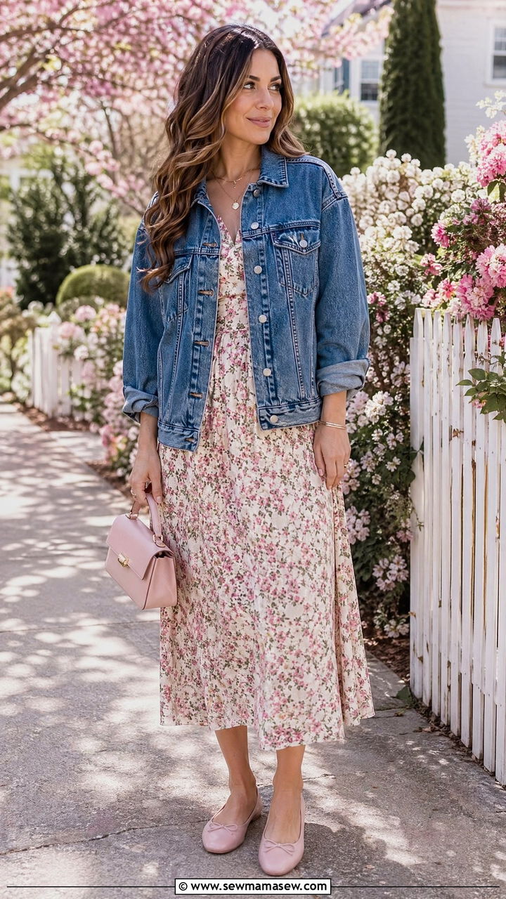 Floral Midi Dress Denim Jacket And Ballet Flats - 35 spring street style outfit ideas