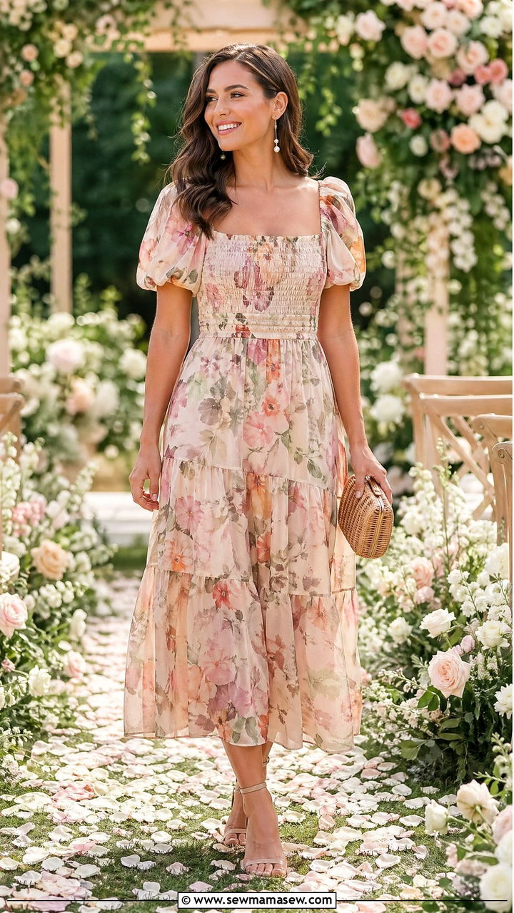 Floral Midi Dress For Spring Wedding - 35 spring floral outfit ideas