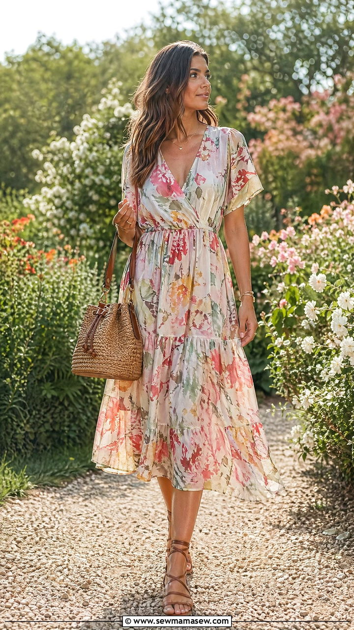 Floral Midi Dress Leather Sandals Outfit - 35 South of France outfit ideas