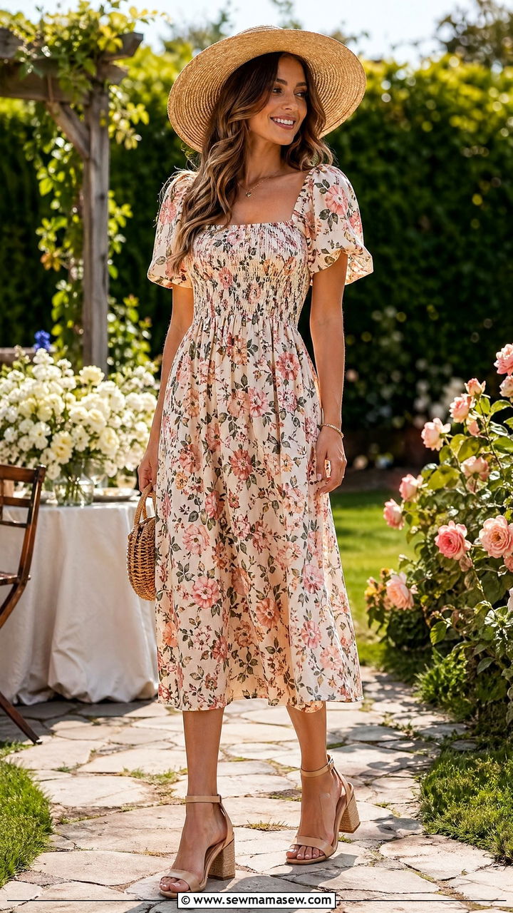 Floral Midi Dress Outfit for Garden Party - 35 Summer garden party outfits