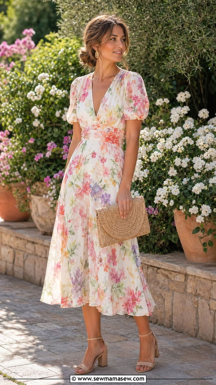 Floral Midi Dress Wedding Guest Outfit - 30 wedding guest outfits Pinterest