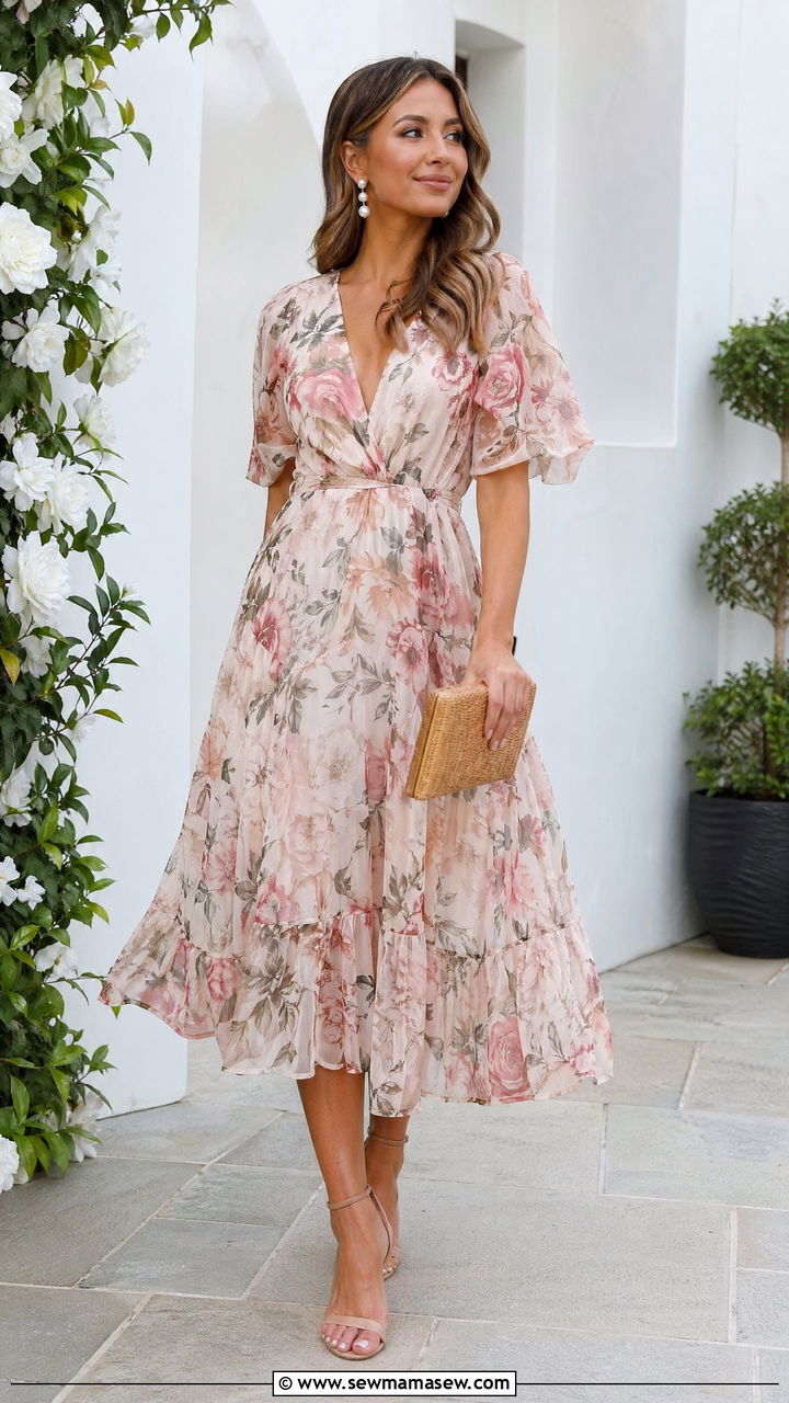 Floral Midi Dress Wedding Guest Outfit - 35 Wedding guest outfits for women
