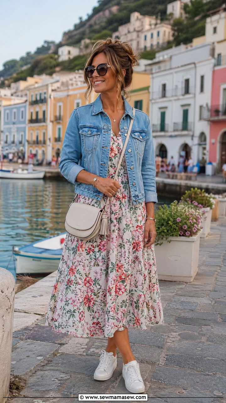 Floral Midi Dress With A Denim Jacket Cruise Outfit - 35 cruise outfits for women over 40