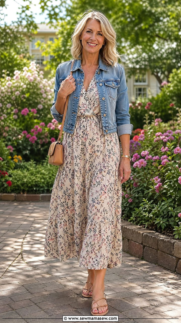 Floral Midi Dress With A Denim Jacket Outfit For Women Over 50 - 35 Casual outfits for women over 50