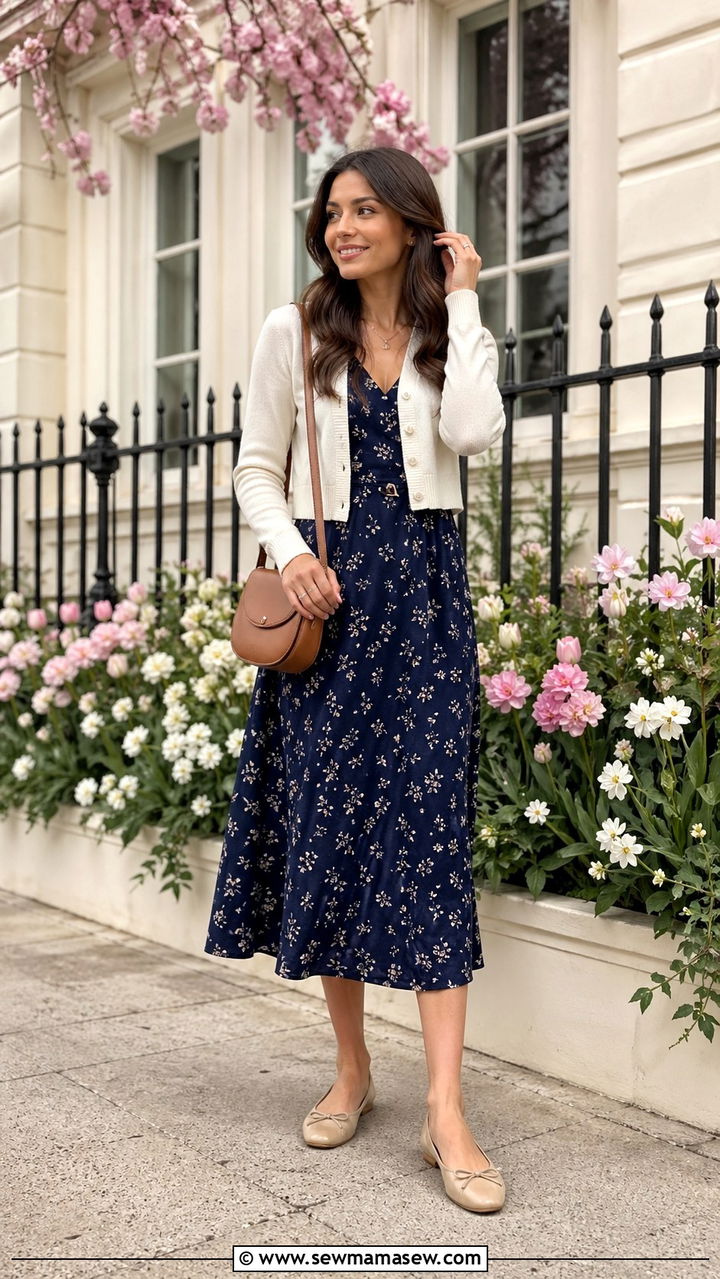 Floral Midi Dress With Ballet Flats - 30 Spring capsule wardrobe Parisian