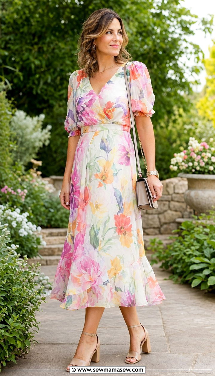 Floral Midi Dress With Block Heels - 30 wedding guest outfits for women over 30