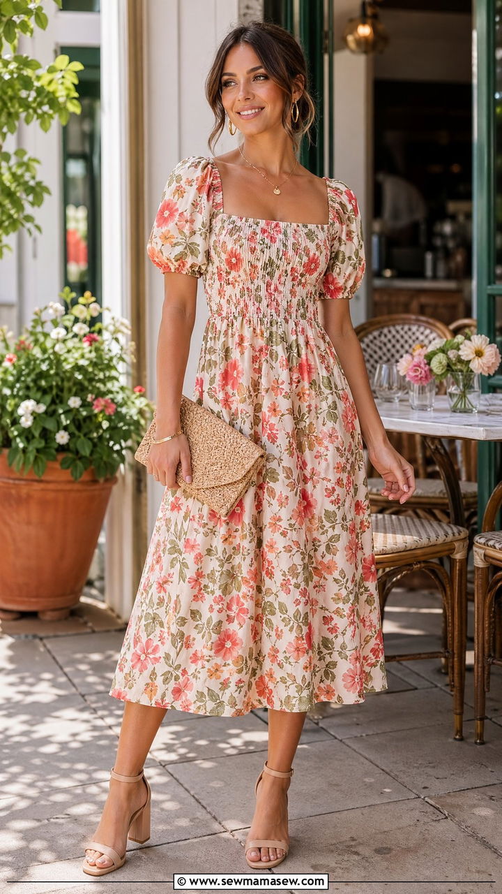 Floral Midi Dress With Block Heels - 35 summer floral outfit ideas
