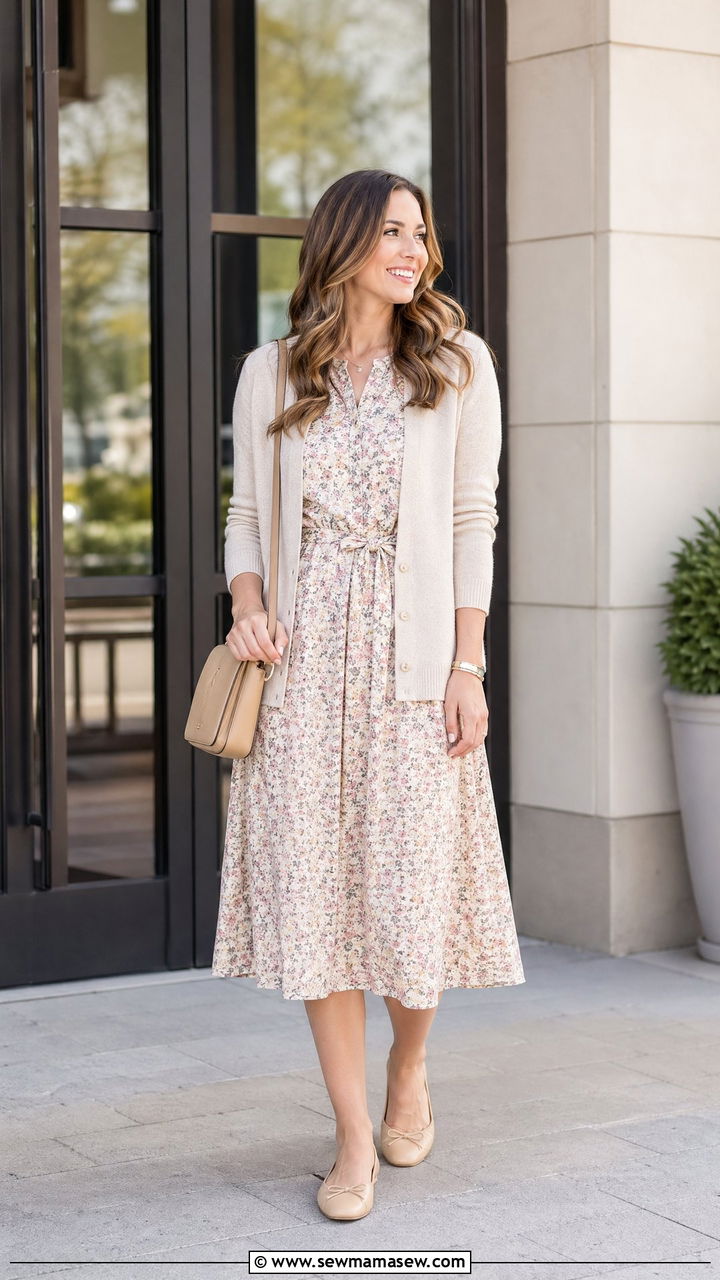 Floral Midi Dress With Cardigan - 35 spring office casual outfit ideas