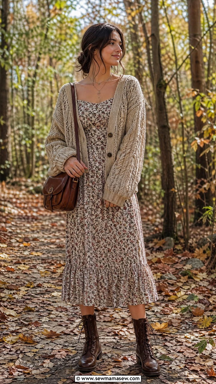 Floral Midi Dress With Chunky Knit Cardigan And Leather Boots - 35 Cottagecore outfit ideas