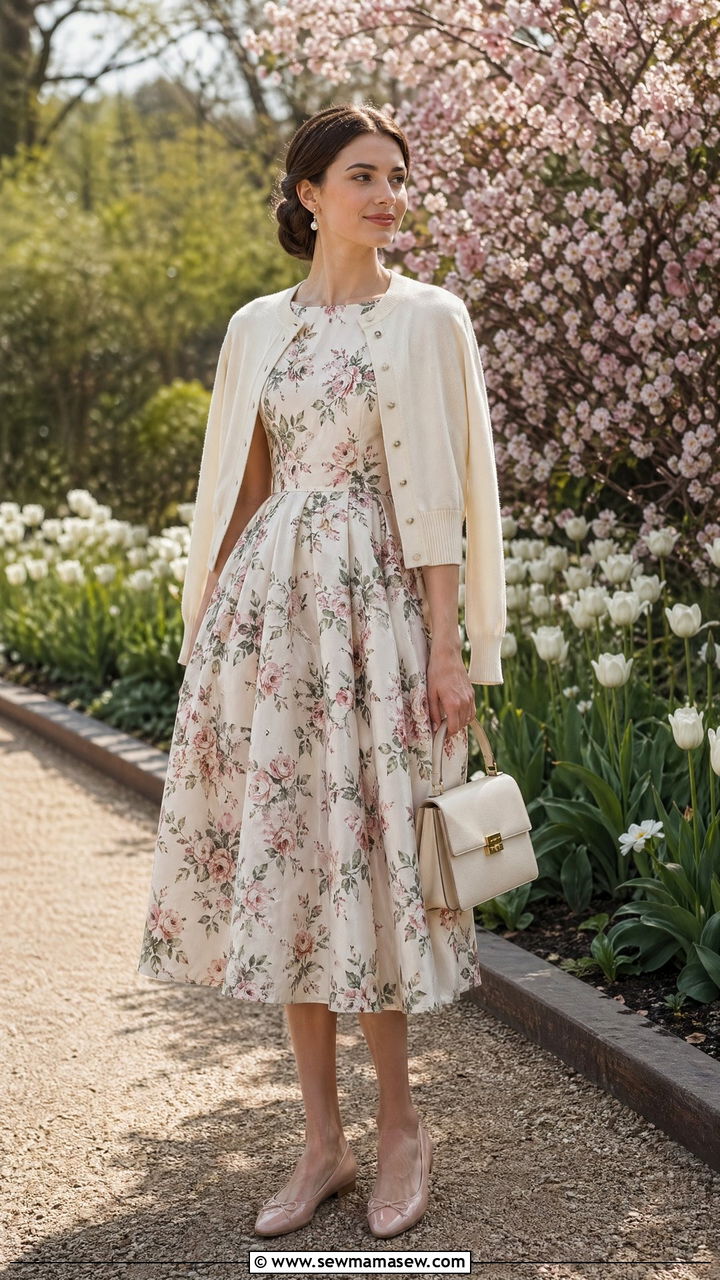 Floral Midi Dress With Cream Cardigan And Ballet Flats - 35 spring old money outfits