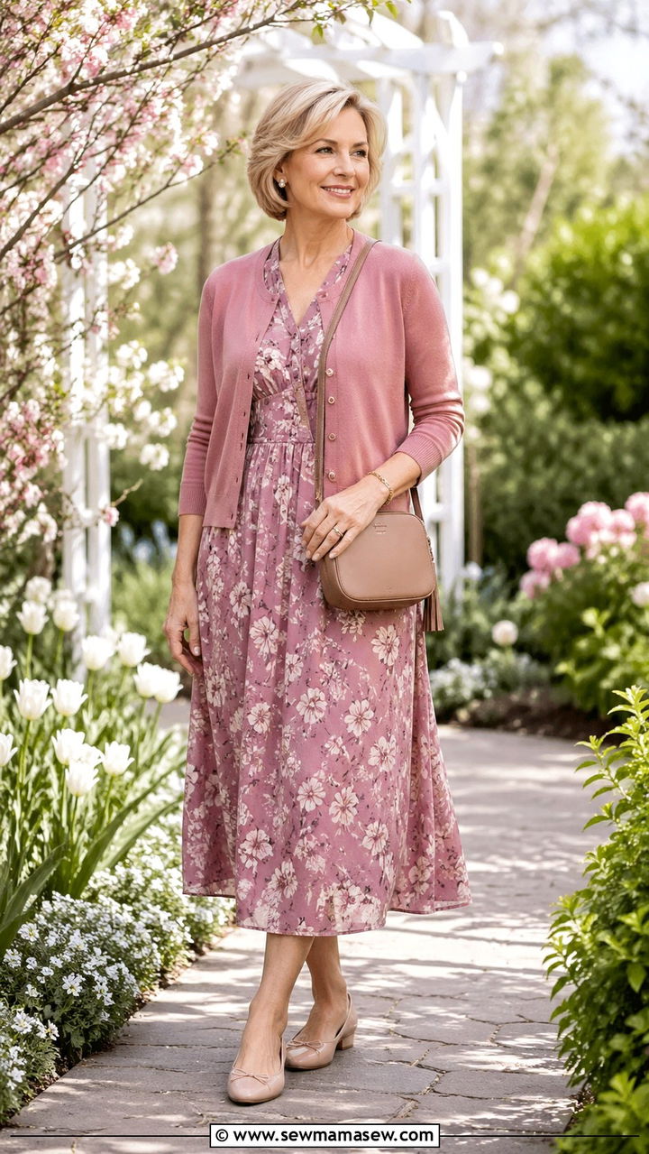 Floral Midi Dress With Cropped Cardigan Spring Outfit Over 50 - 30 Spring capsule wardrobe over 50