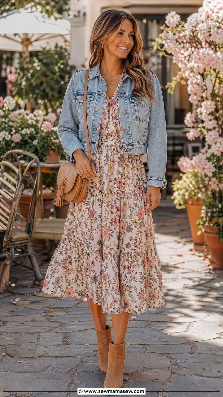 Floral Midi Dress With Cropped Denim Jacket and Ankle Boots - 35 Spring transition outfits