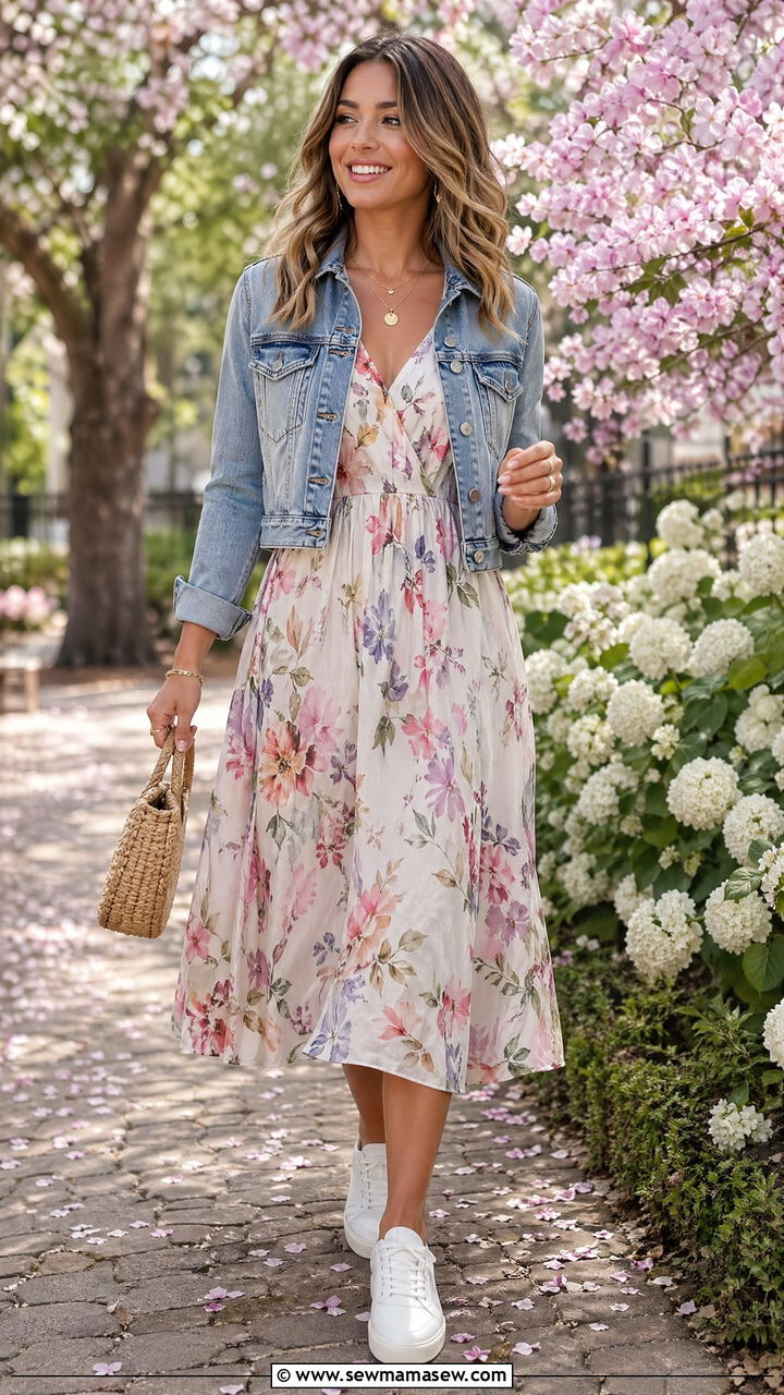 Floral Midi Dress With Cropped Denim Jacket - 35 cute outfits ideas