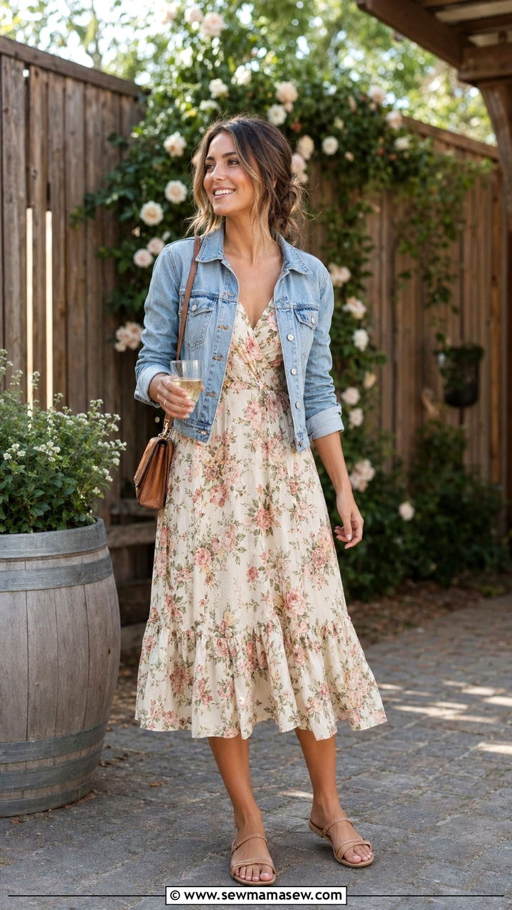 Floral Midi Dress With Denim Jacket - 30 wedding guest outfits ideas