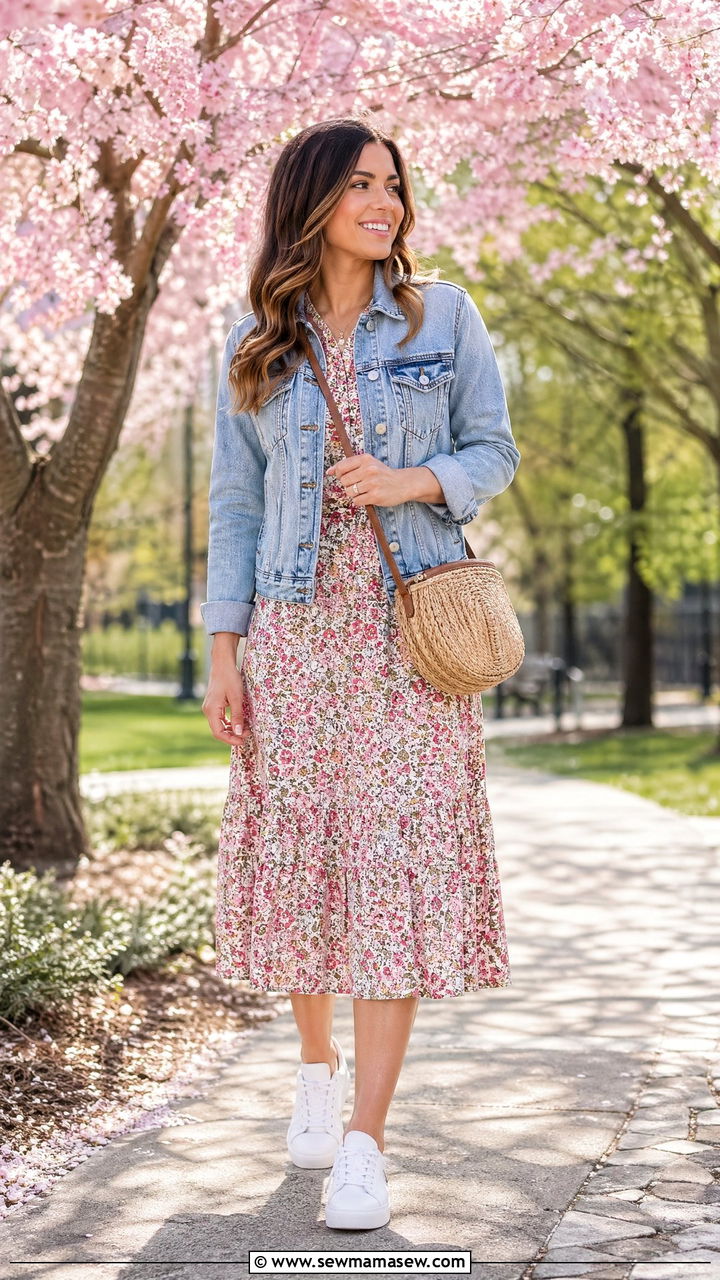 Floral Midi Dress With Denim Jacket - 35 spring comfortable outfit ideas