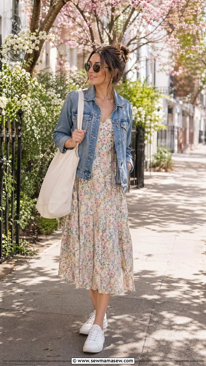 Floral Midi Dress With Denim Jacket - 35 Spring floral print outfits