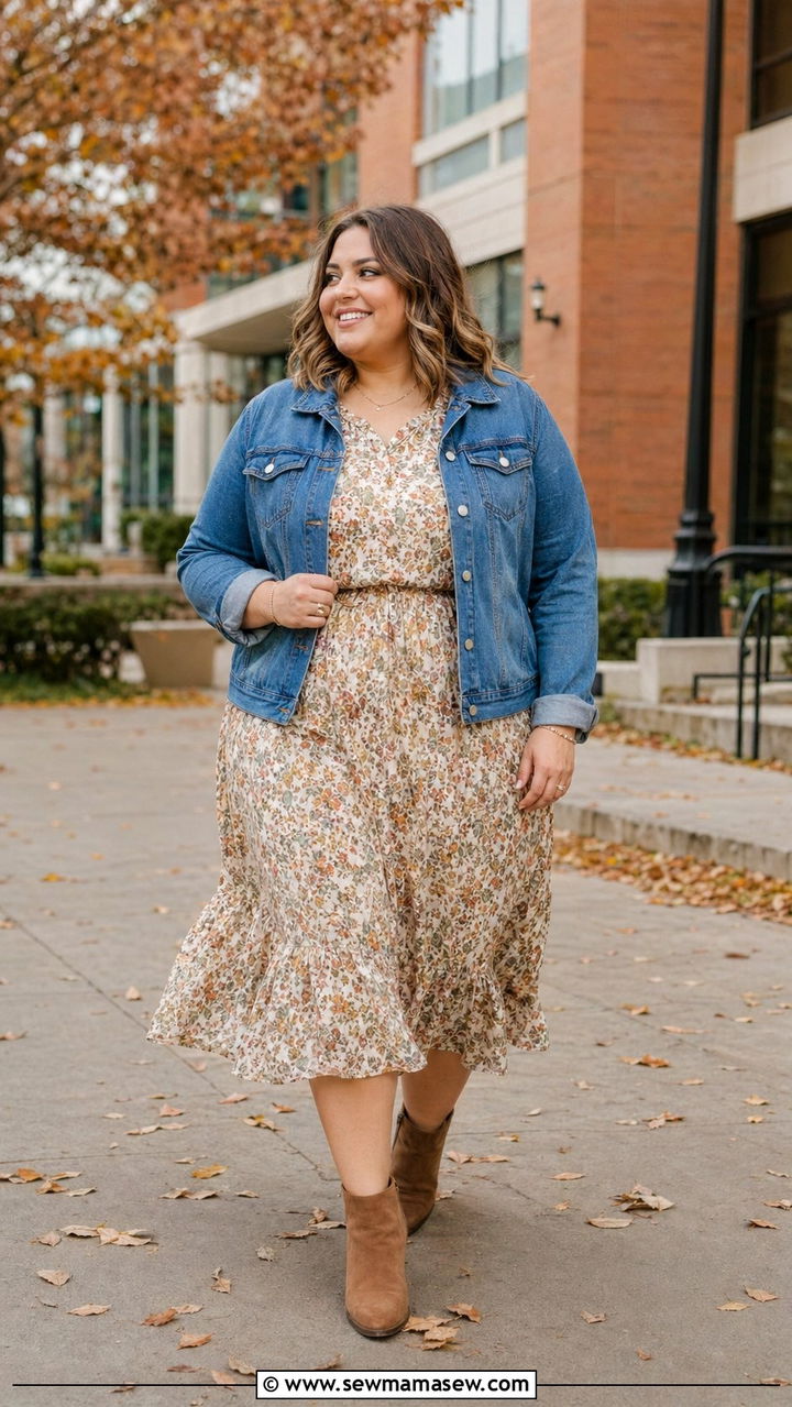 Floral Midi Dress With Denim Jacket And Ankle Boots - 30 Back to school outfit ideas plus size college