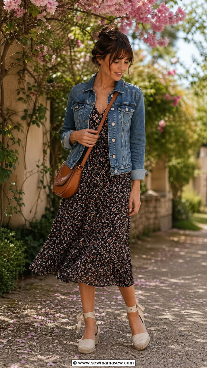 Floral Midi Dress With Denim Jacket And Espadrilles - 35 spring french girl outfits