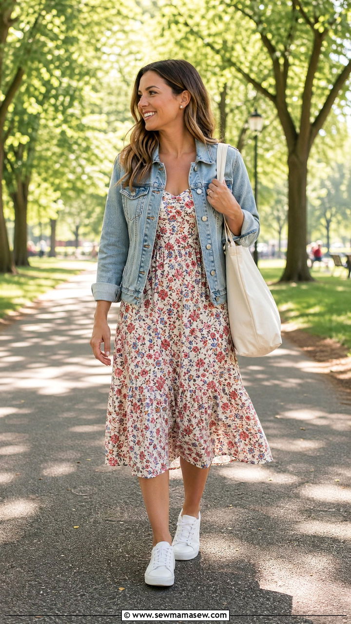 Floral Midi Dress With Denim Jacket And White Sneakers - 35 summer memorial day outfit ideas