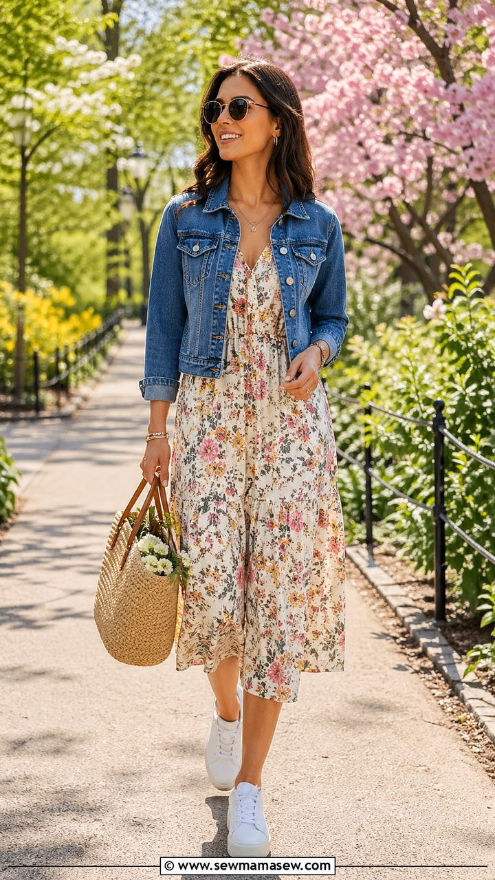 Floral Midi Dress With Denim Jacket And White Sneakers - 30 Spring closet must haves