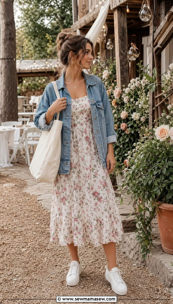 Floral Midi Dress With Denim Jacket For Rustic Wedding - 35 Rustic wedding guest outfits