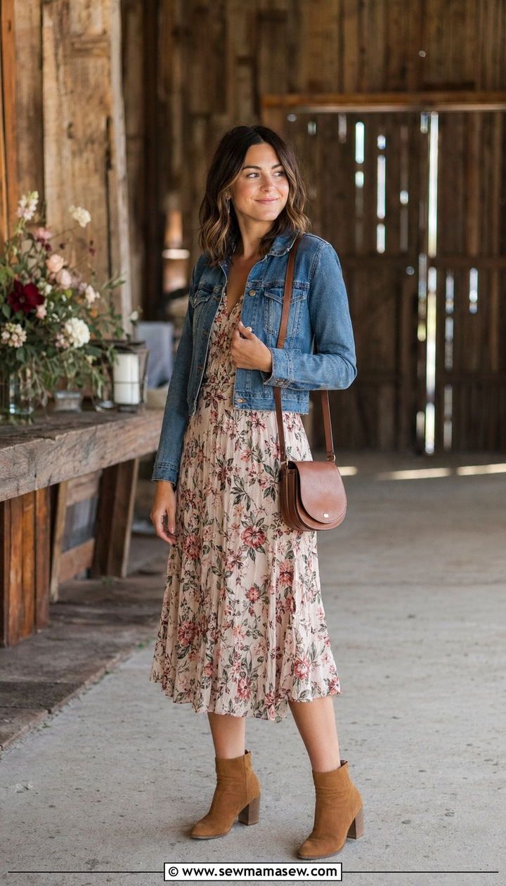 Floral Midi Dress With Denim Jacket and Ankle Boots - 35 Petite outfit ideas for wedding guest