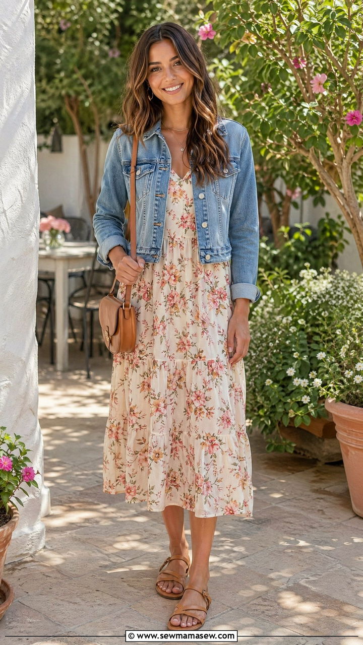 Floral Midi Dress With Denim Jacket and Flat Sandals - 35 what to wear to dinner