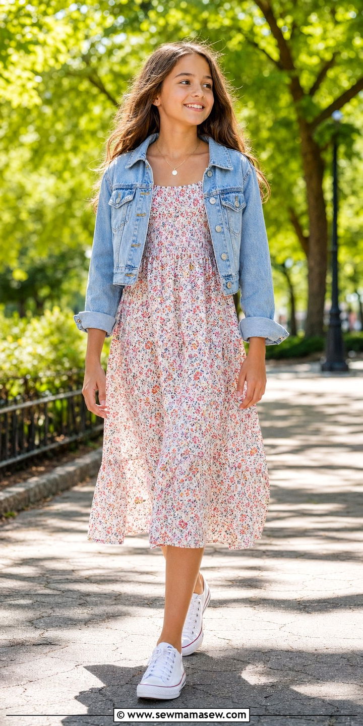 Floral Midi Dress With Denim Jacket - 30 Back to school outfit ideas for tweens 2026
