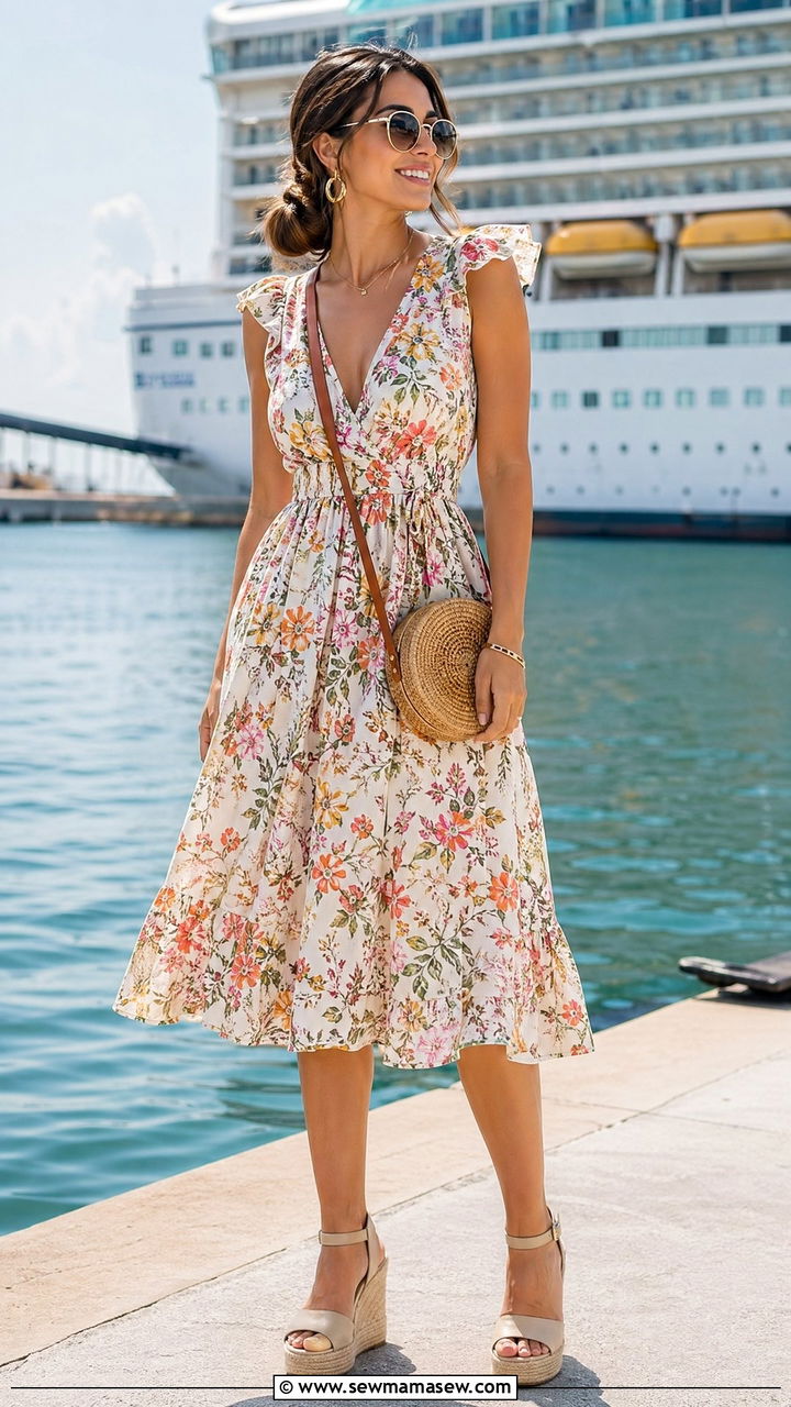 Floral Midi Dress With Espadrille Wedges - 35 summer cruise outfit ideas