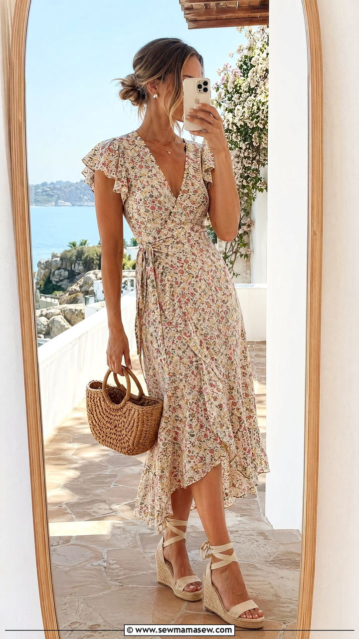 Floral Midi Dress With Espadrille Wedges - 35 Summer vacation outfits