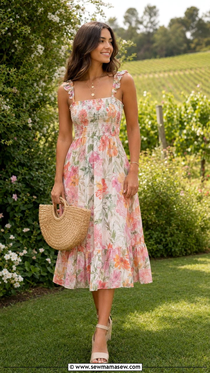 Floral Midi Dress With Espadrilles Bachelorette Outfit - 30 Bachelorette trip outfit ideas