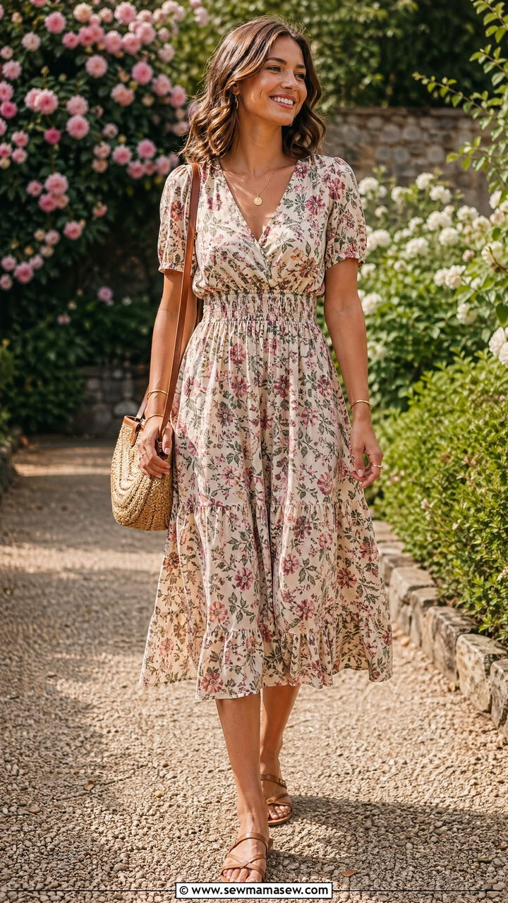 Floral Midi Dress With Flat Sandals - 35 summer capsule wardrobe outfit ideas