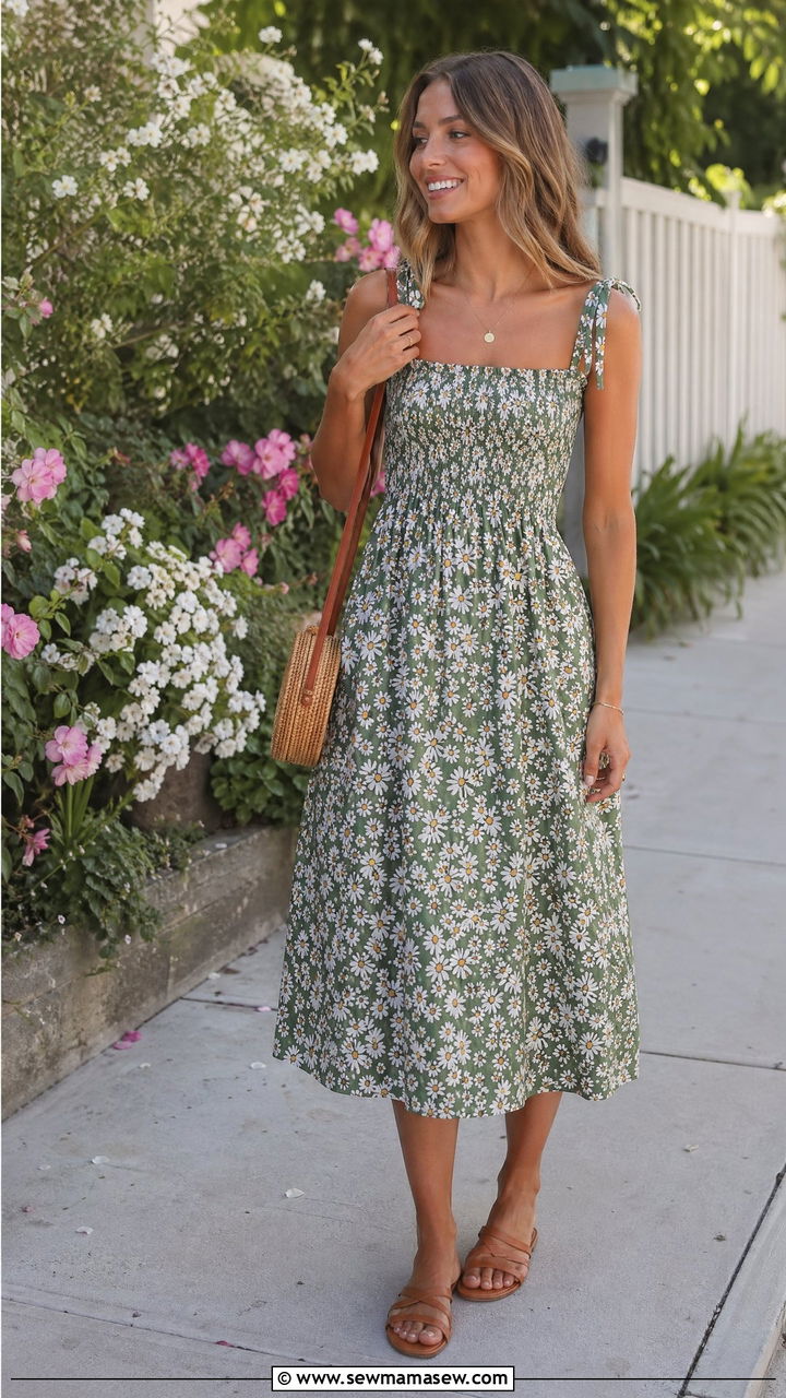Floral Midi Dress With Flat Sandals Summer Outfit - 35 Summer outdoor outfits