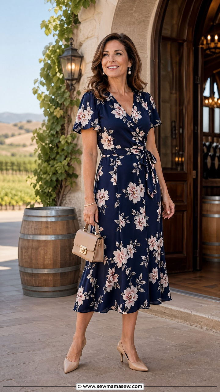 Floral Midi Dress With Kitten Heels - 35 Vacation outfit ideas for women over 40