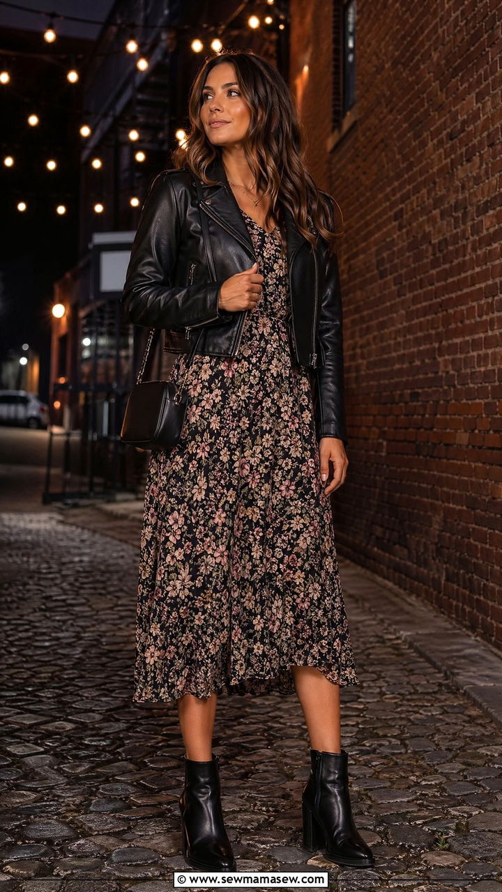 Floral Midi Dress With Leather Jacket And Ankle Boots - 35 Summer transition outfits