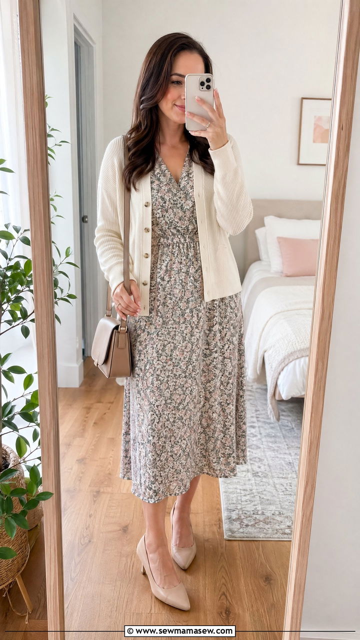 Floral Midi Dress With Light Cardigan For Spring - 35 Spring job interview outfits