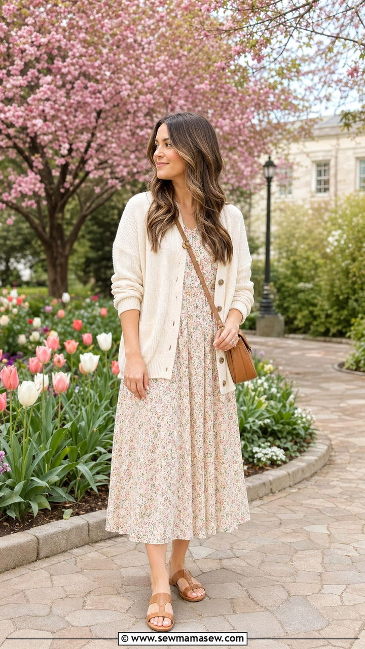 Floral Midi Dress With Lightweight Cardigan - 35 Modest outfit ideas for moms