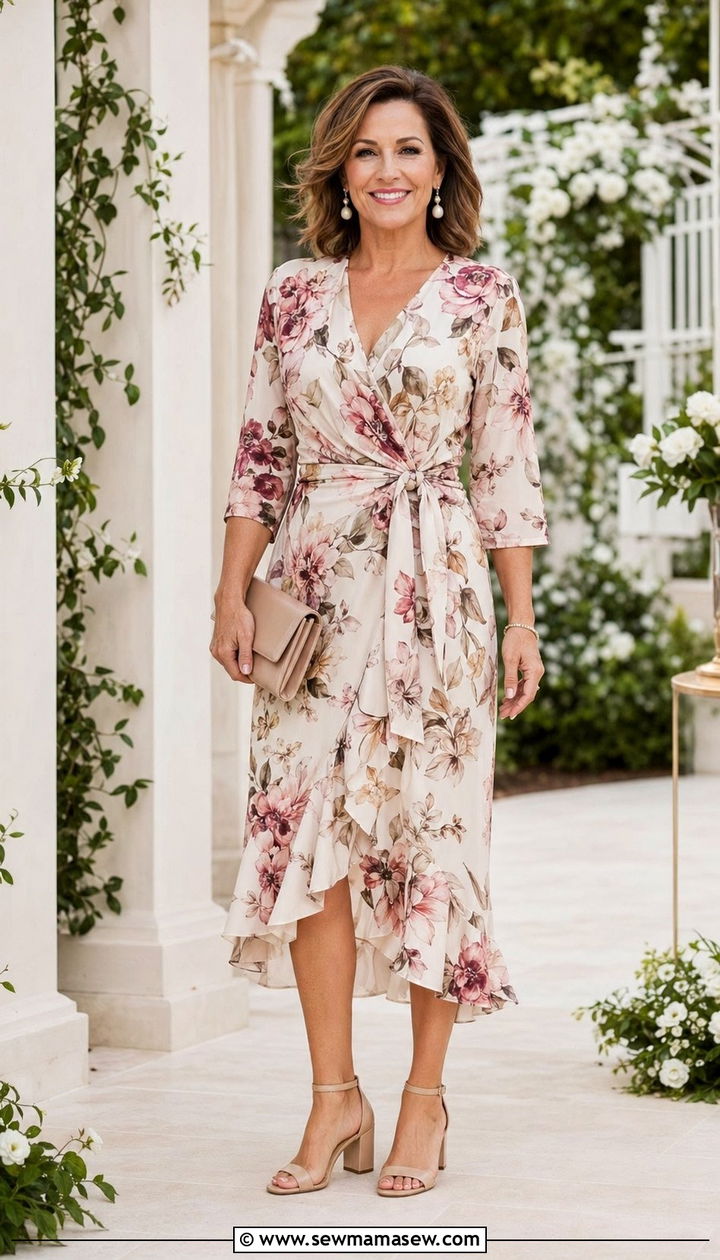 Floral Midi Dress With Nude Heels Wedding Guest Outfit - 30 What to wear to a wedding over 40