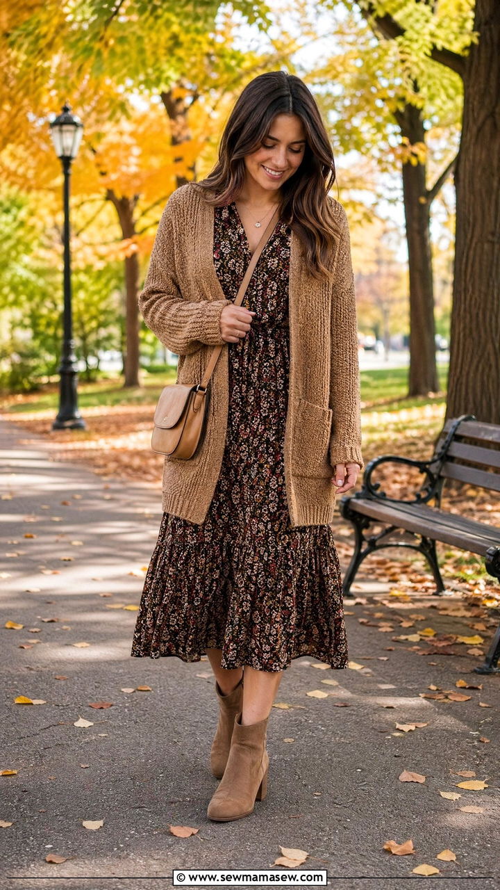 Floral Midi Dress With Oversized Cardigan And Ankle Boots - 35 classy summer to fall outfits
